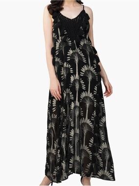 America & Beyond Black Crochet Maxi Dress with Silver Palm Print